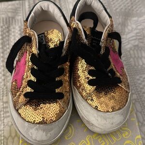 Golden Goose Gold and Pink Sneakers with Glittery Design